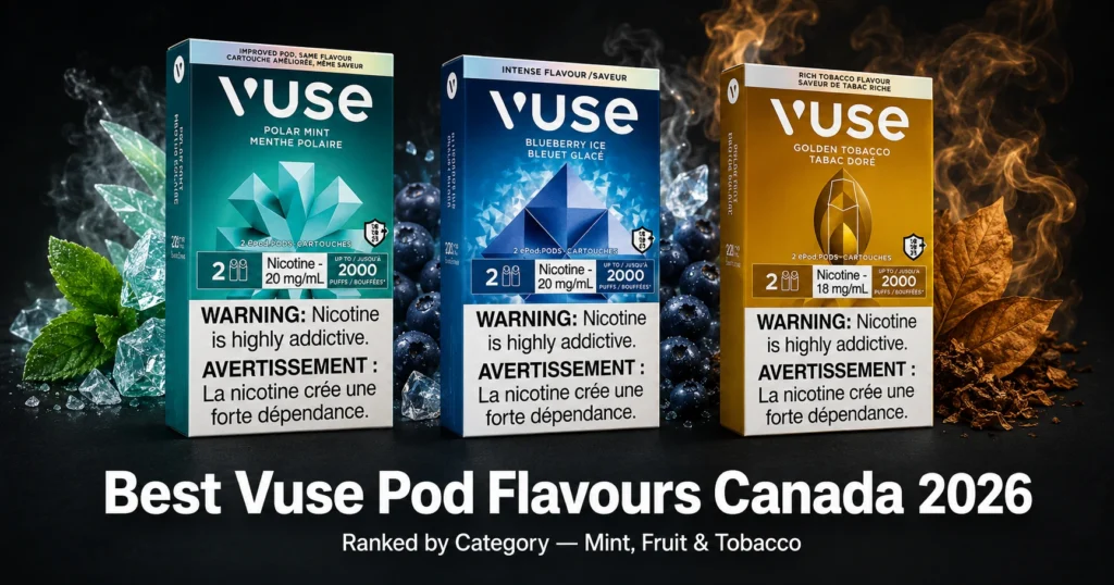 Best Vuse pod flavours Canada 2026 - Polar Mint, Blueberry Ice and Golden Tobacco packs from DoorVapes Vancouver